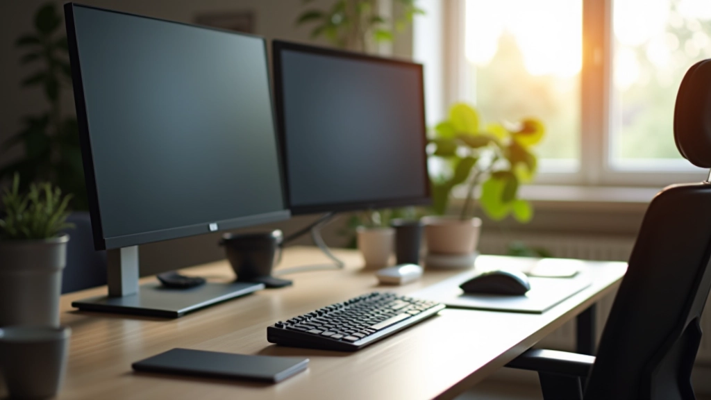 Schreibtisch mit mehreren Monitoren, Tastatur und Maus in modernem Homeoffice-Umfeld