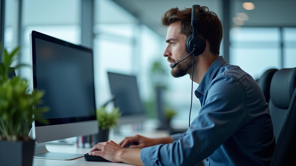 Männlicher IT-Techniker sitzt konzentriert am Schreibtisch, Diagnose-Tools im Hintergrund