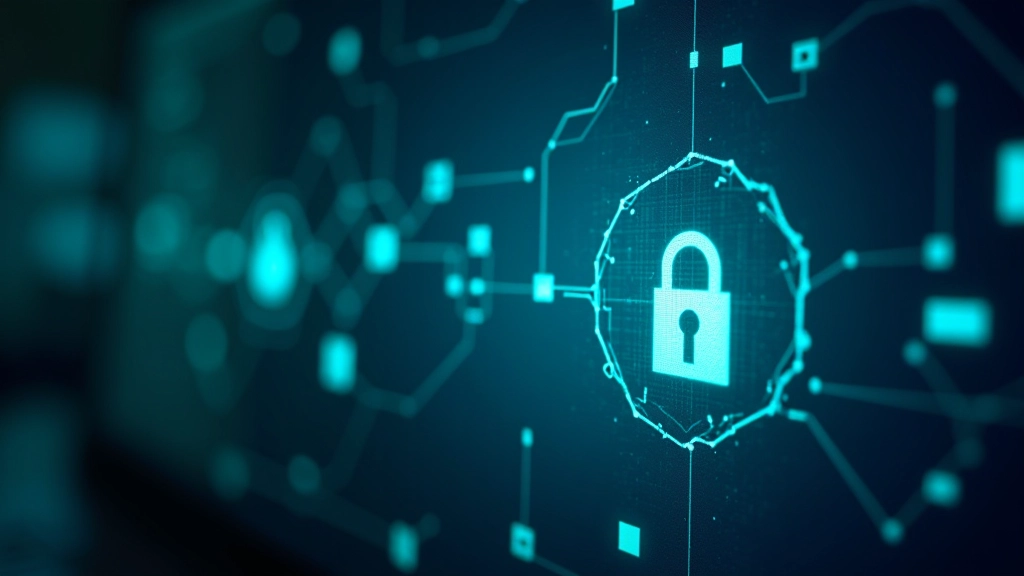 Sicheres Vorhängeschloss und digitales Netzwerk-Symbol auf Computer-Bildschirm, Cybersicherheitskonzept mit Verschlüsselung