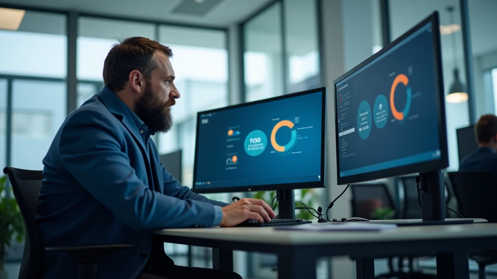Person sitzt am Schreibtisch und überwacht Sicherheitssoftware und System-Scans auf einem großen Monitor