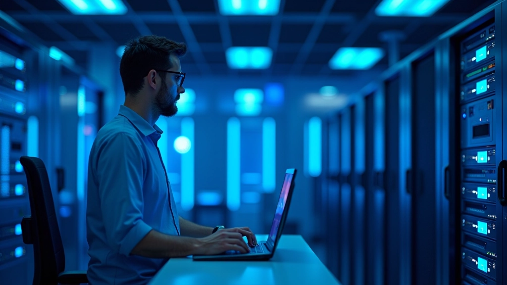 IT-Fachmann überprüft Server und Netzwerk-Ausrüstung in technischem Rechenzentrum
